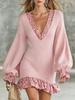 2026 European & American Fall/Winter Leopard Print Deep V-neck Knit Dress with Lantern Sleeves & Ruffle Short Skirt