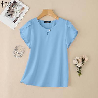 Women Casual Round Neck Solid Color Summer Short Sleeve Blouse