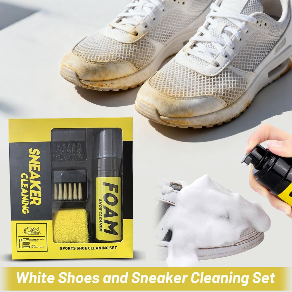 Kit di Pulizia per Sneaker con Detergente Schiumogeno, Spazzola e Panno in Microfibra per Scarpe Sportive - Set Completo per la Cura delle Scarpe 150ml