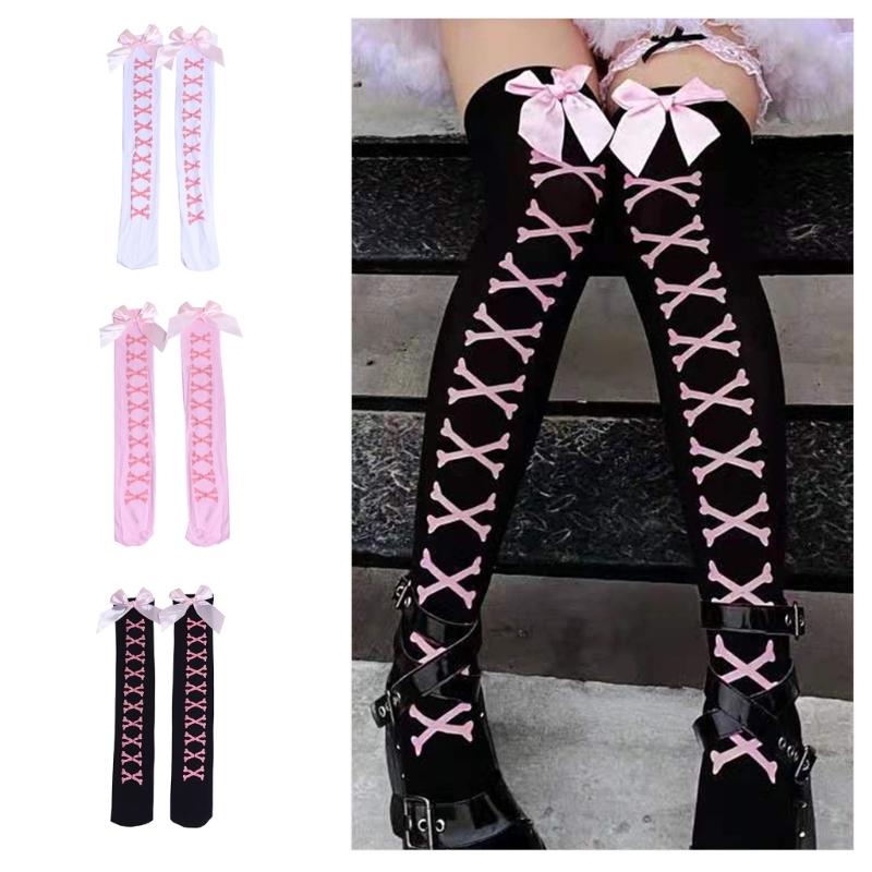 Women Skeleton Print Over Knee Long Socks Sweet Bowknot Thigh High Stockings for Halloween Cosplay Party Costume Hosiery