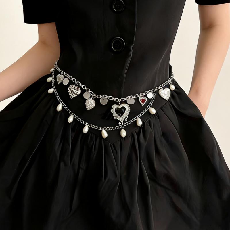 Double Layer Heart Pearl Waist Chain Vintage Silver Metal Belly Chain For Women Y2K Skirt Pants Accessory
