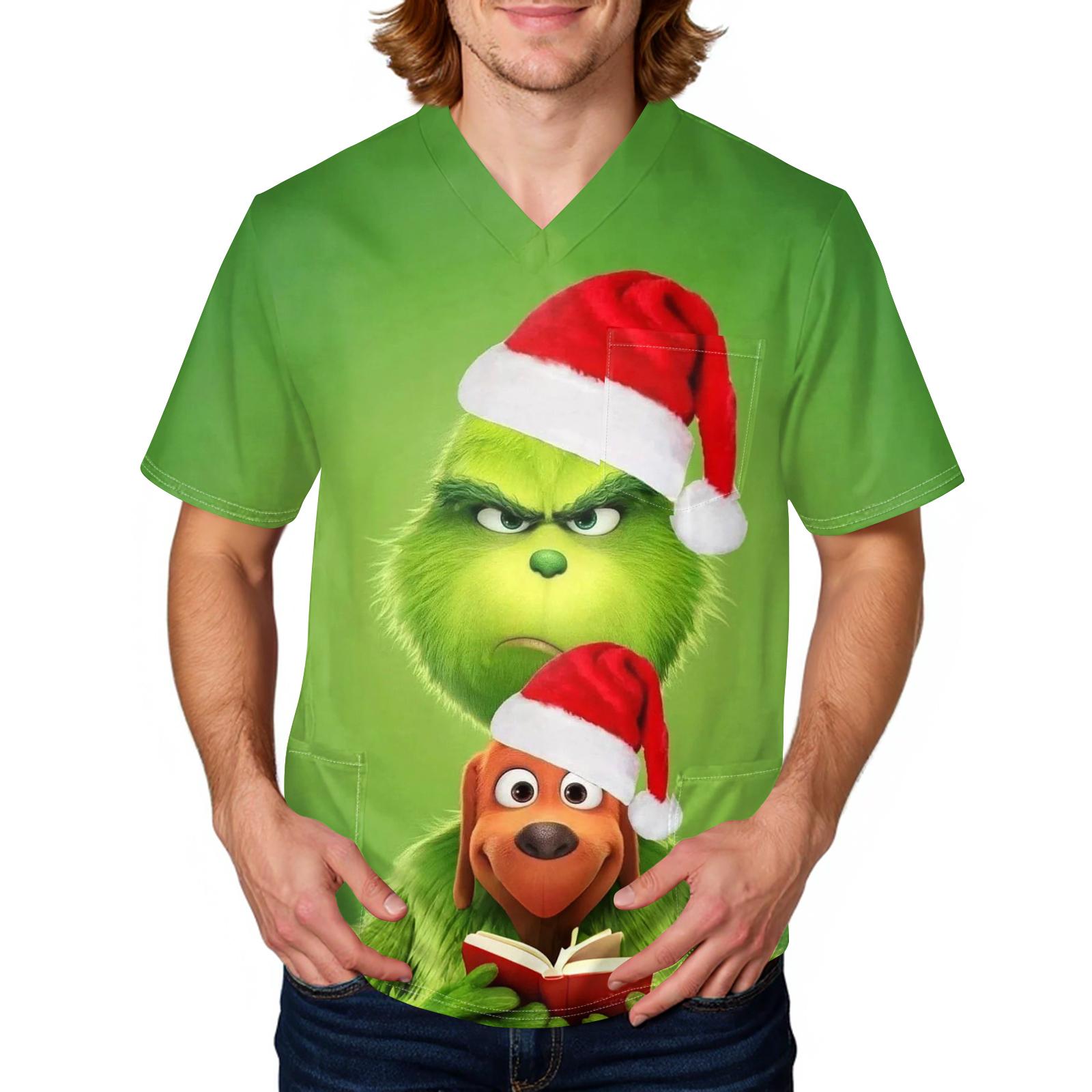 

Мужская рабочая блузка с короткими рукавами и v-образным вырезом с принтом, топ с нагрудным карманом XXXL зелёный