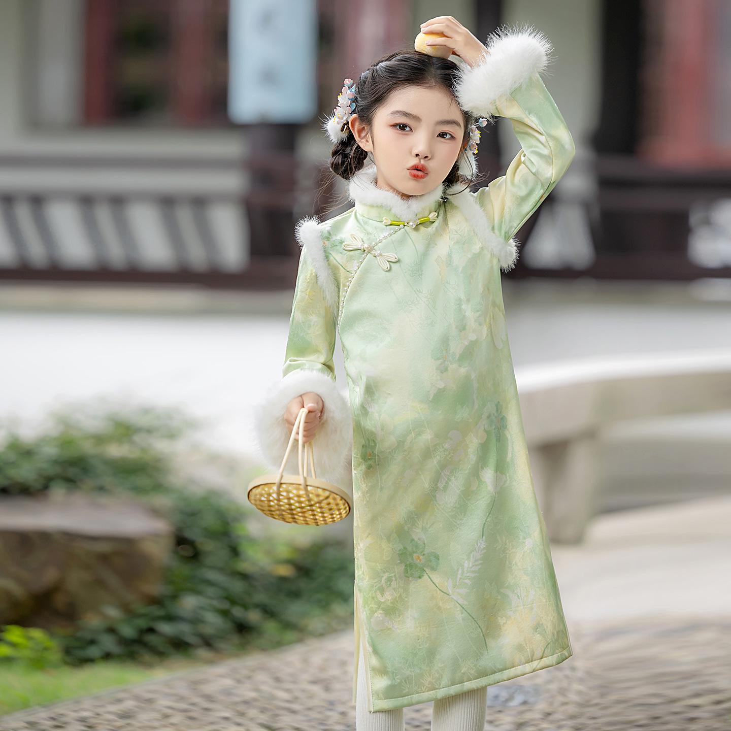 Зимнее бархатное платье-ципао для девочек 2025 - Китайский стиль, юбка с длинным рукавом 140cm