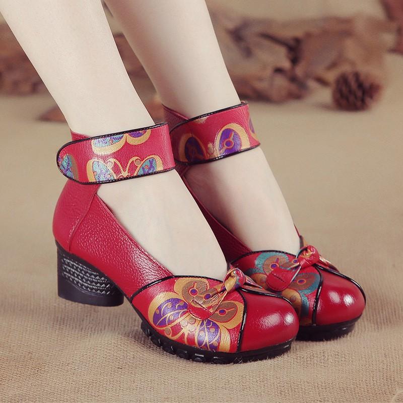 Spring New Top Layer Cowhide Low Heel Soft Sole Shoes for Women's Shoes for Ethnic Style Genuine Leather Printed Single Shoes