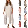 Women's Casual Loose Fit Short Sleeve Long Length Cotton Linen Split Dress