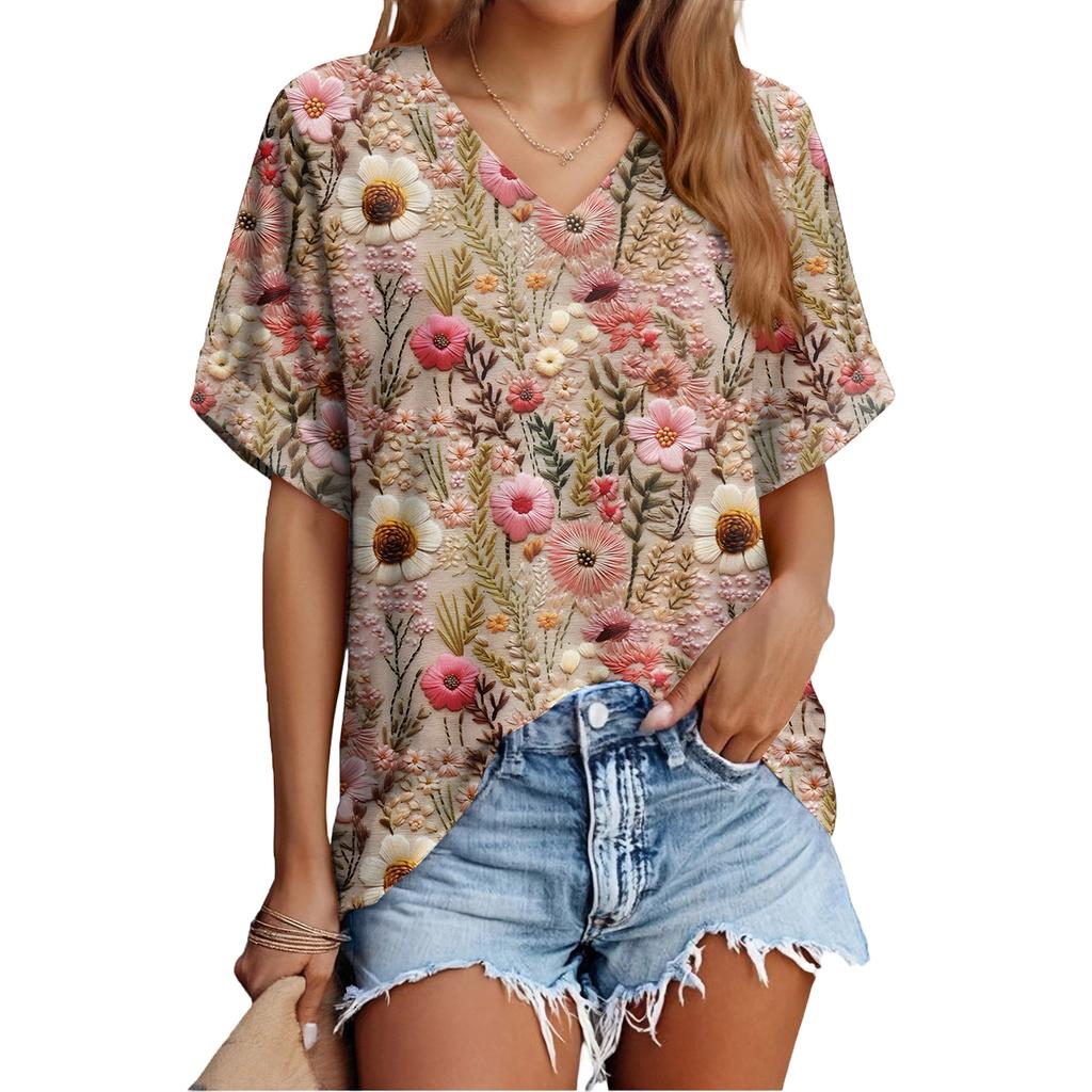 Modisches lässiges vielseitiges Damen-Sommer-Kurzarm-Oberteil mit Blumenprint, schmal geschnitten