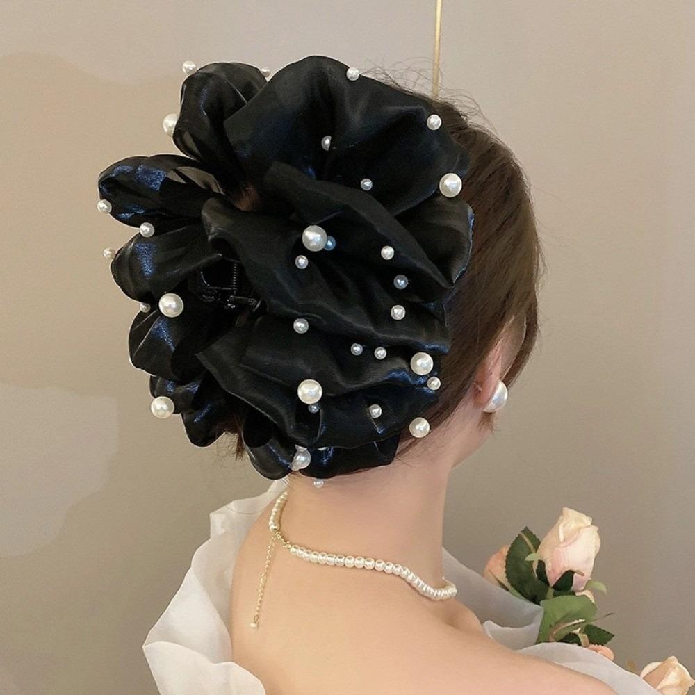 

Bubble Mesh Hair Clip Large Bow Pearl Shark Gripper Elegant hark Clip Women чорний