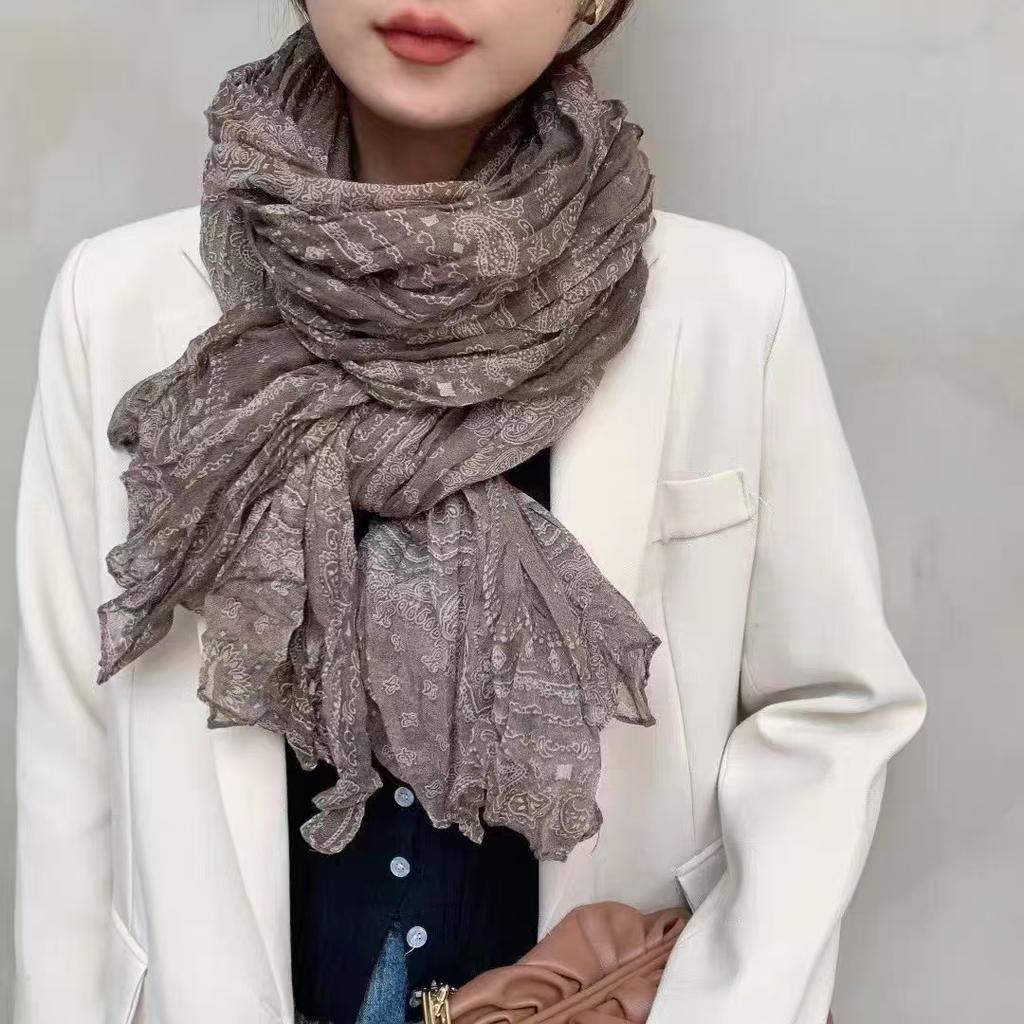 Cotton and Linen Scarf Pleated Retro Literary Floral Thin Spring and Summer Shawl Four Seasons Versatile Fashion Trend