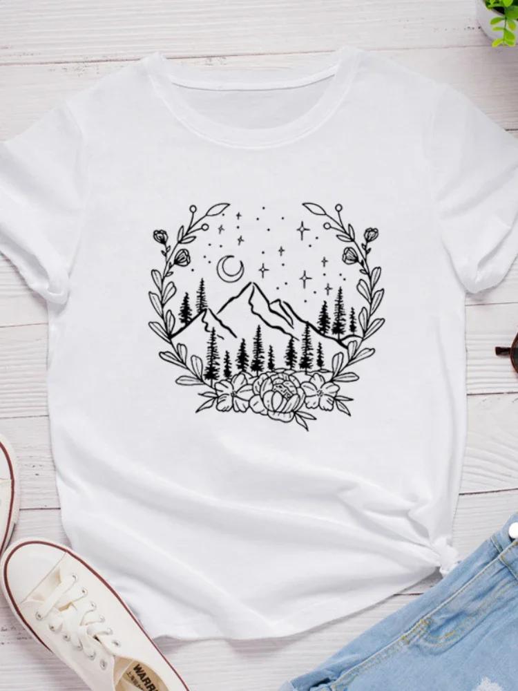 Kranz Mond Berg Druck Damen T-Shirt Kurzarm O-Ausschnitt Locker Damen T-Shirt Damen T-Shirt Tops Kleidung Camisetas Mujer