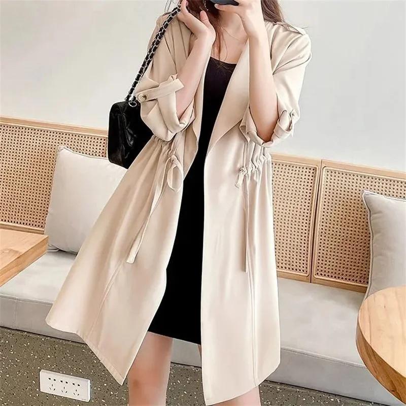 

Autumn Windbreaker Women s Thin Coat Korean Version Single Layer Fashion Drawstring Slim Trench Coat Sleeve M хаки