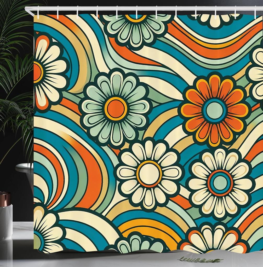 Hippie Shower Curtain, Daisy Look Flowers on Abstract Groovy Style Waves Retro 60s 70s Vibes, Cloth Fabric Bathroom Decor Set