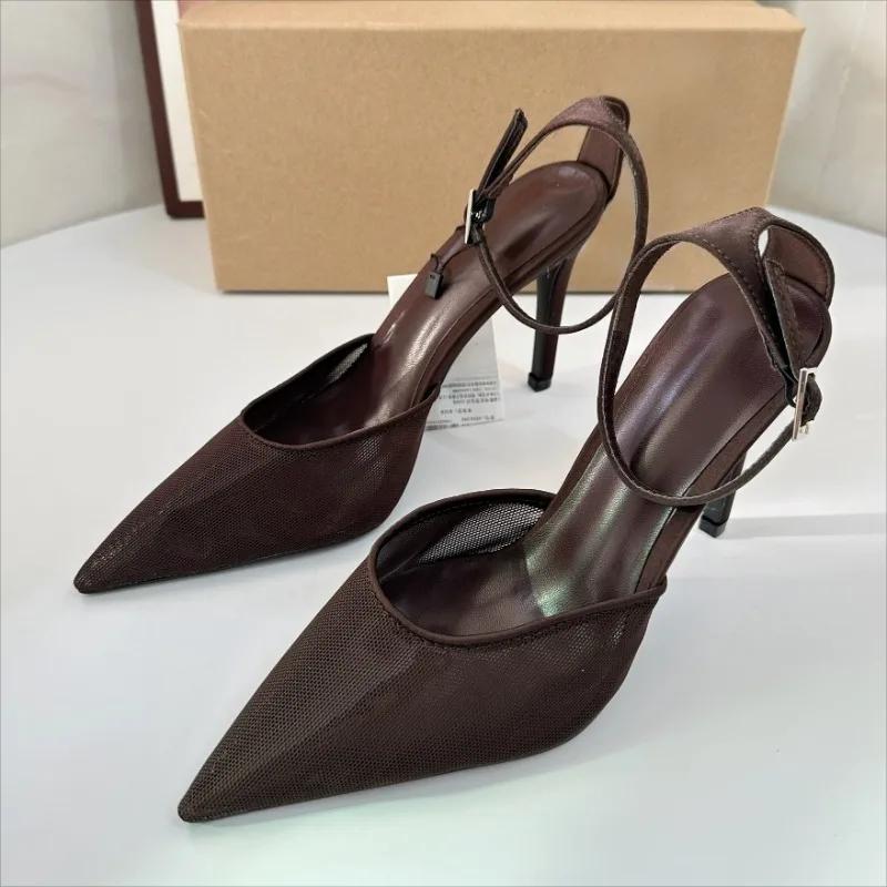 Spring Sexy Ankle Strap Pointed Toe Pumps Woman Sandals Brown Mesh Stiletto Heels Design Ladies Dress Party Shoes 36 коричневый