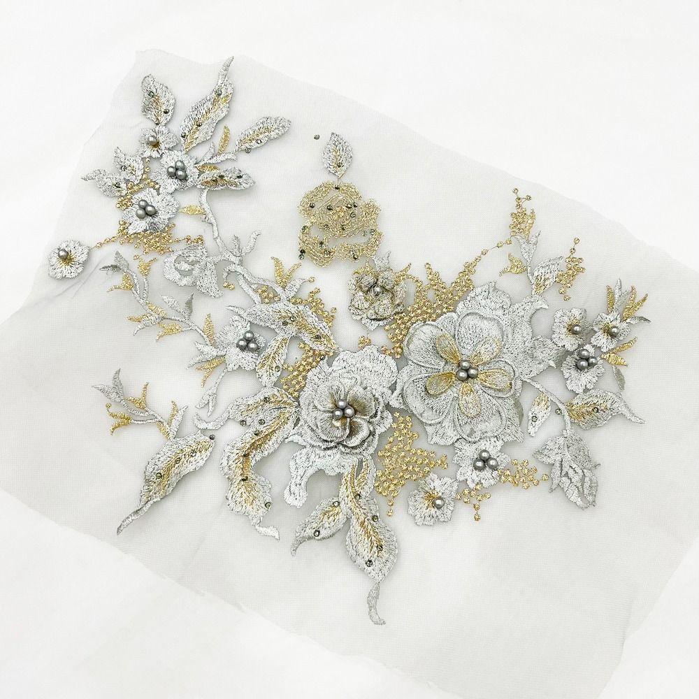 Colorful Sequined Sewing On Patches Flower Lace Beaded Lace Applique  Bridal Dress