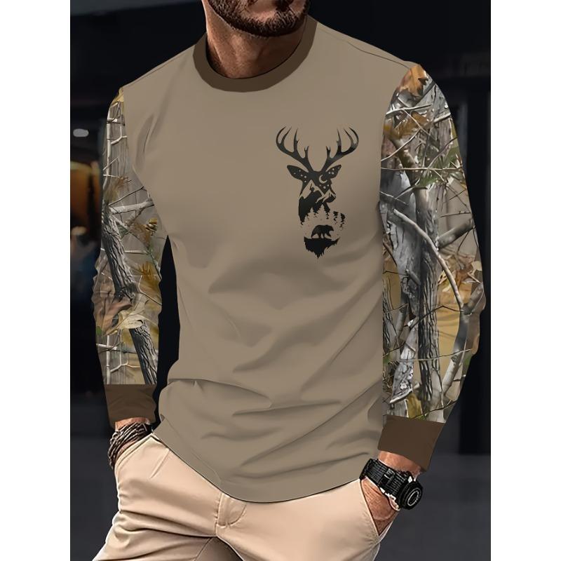 

Мужская сверхпрочная охотничья камуфляжная футболка с длинным рукавом - Дизайн с головой оленя и рогами 4XL
