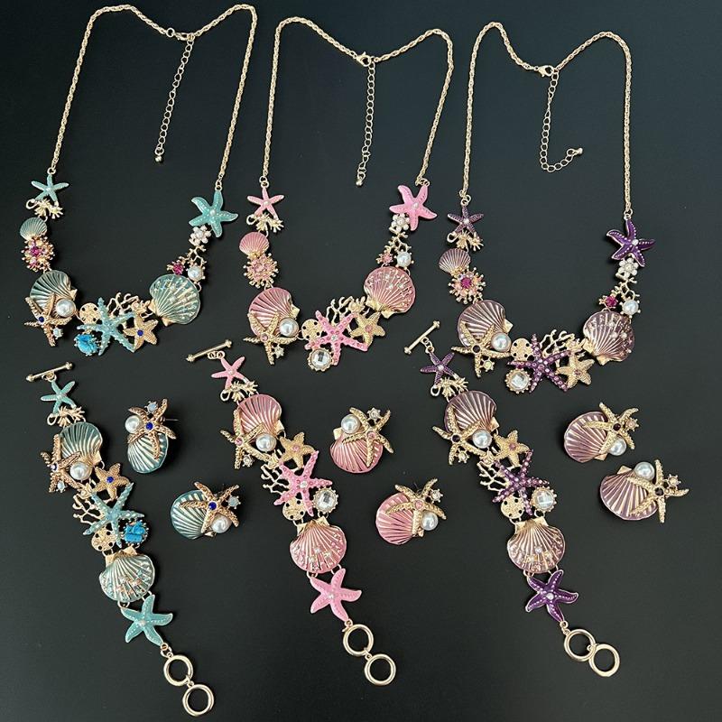 Island style beach starfish vacation four-piece set chain alloy diamond-encrusted bohemian shell jewelry