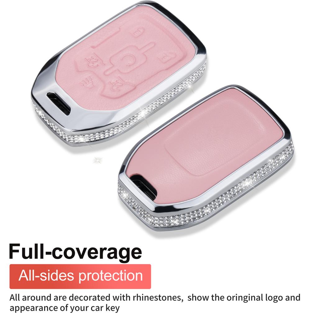 For GMC Key Fob Cover with Keychain, Pink Leather Crystal Key Case Protection Shell Compatible with Chevy Chevrolet GMC Suburban