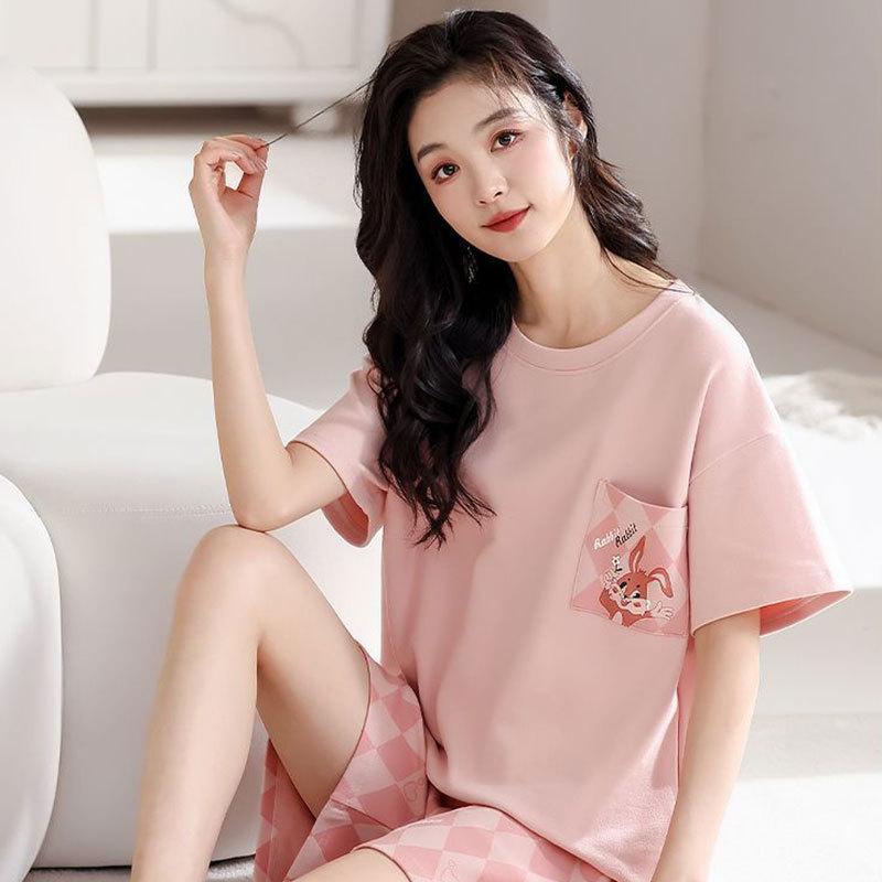 Cartoon sweet pajamas women's summer short-sleeved shorts new imitation cotton casual loose girls loungewear suit