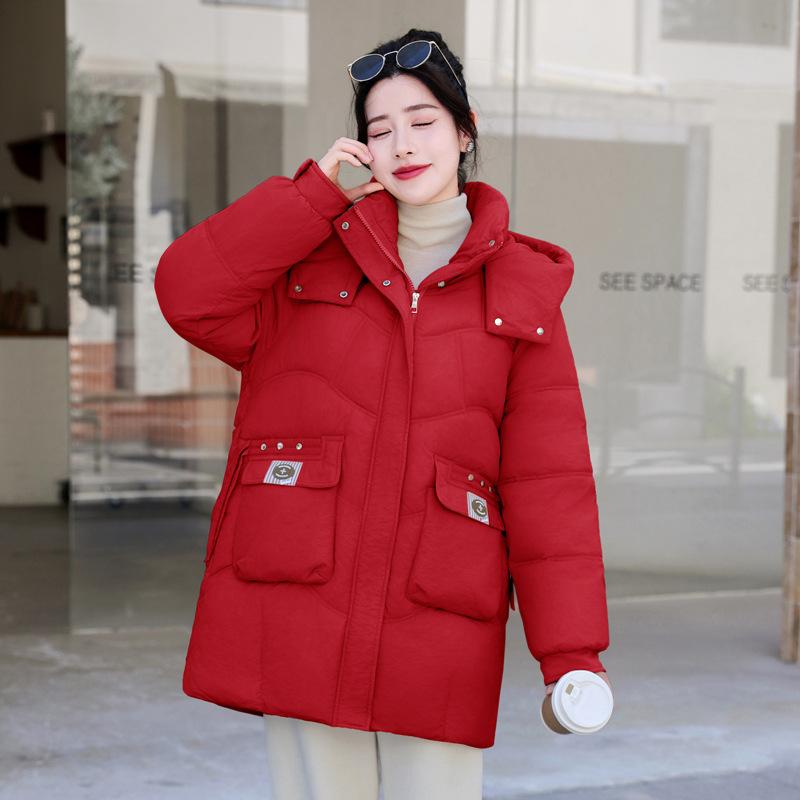 2025 winter Korean version of hooded bread jacket plus size thickened down cotton jacket women's mid-length loose cotton jacket