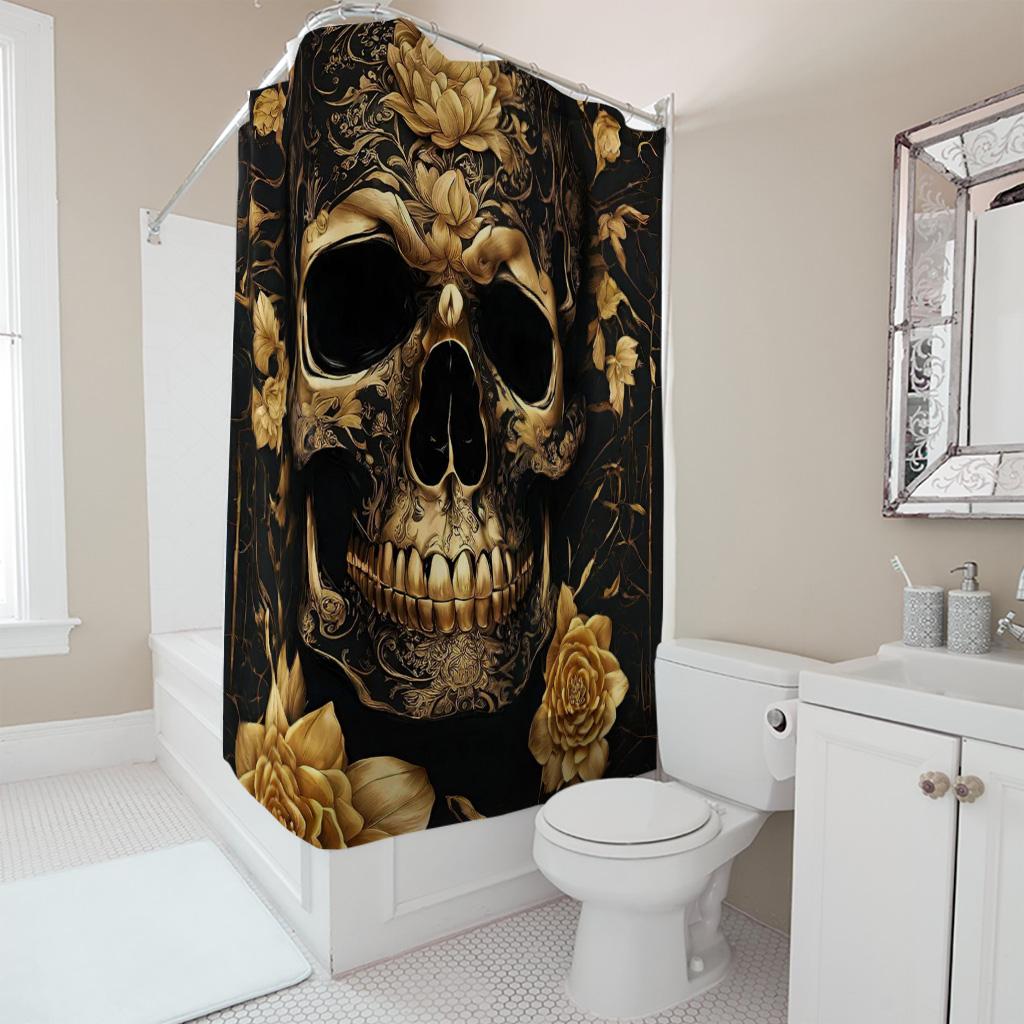 Luxury Gold Skull And Rose Shower Curtain, Black Gothic Floral Bathroom Decor, Baroque Filigree Art Fabric Bathroom Curtain