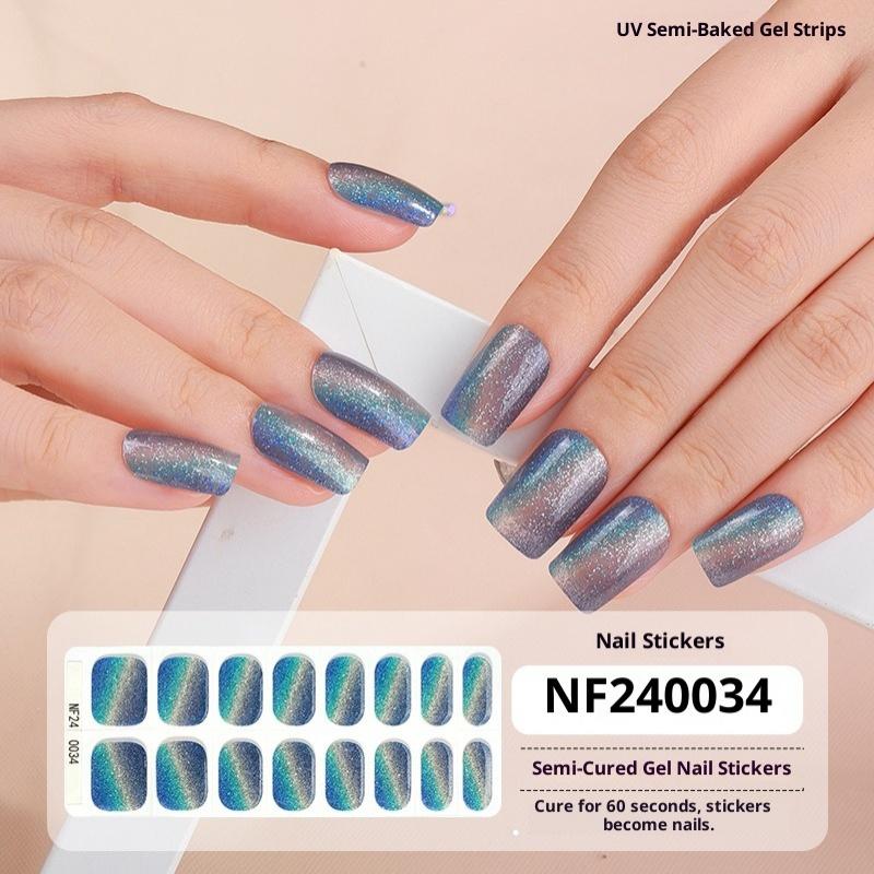 New Semi-cured Gel Nail Stickers, 16-finger Cat Eye Glitter UV Nail Stickers, Cured Under A UV Lamp.