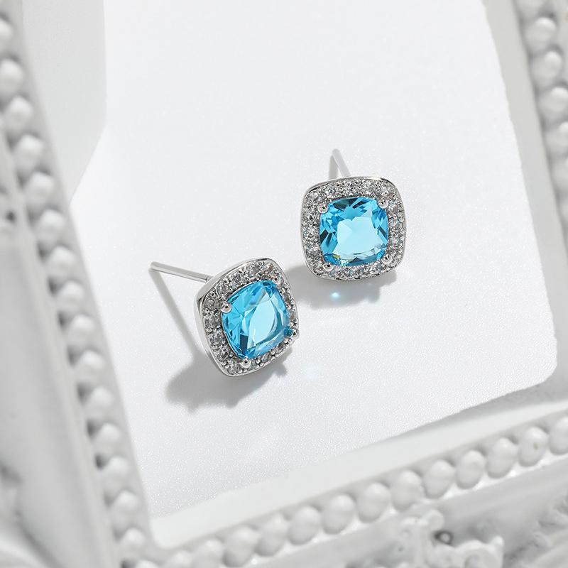 Popular Multicolor Earrings Four-claw Square Emerald Single-drill Earrings