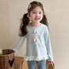 Girls' Autumn 2025 Lace Trim Long Sleeve T-Shirt with Bow