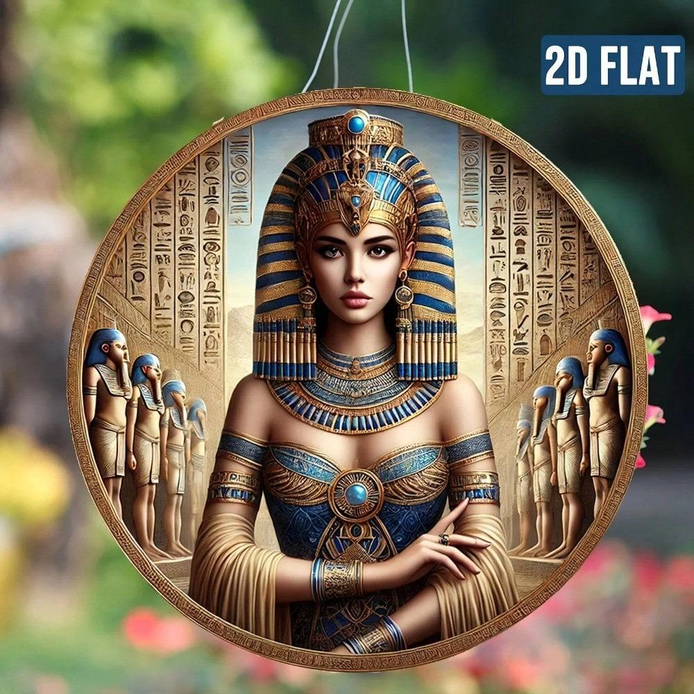 Vintage Ägyptische Königin Metall Wandkunst Rund 13 Zoll HD Gedrucktes Aluminiumschild Wasserdicht Retro Heimdekoration