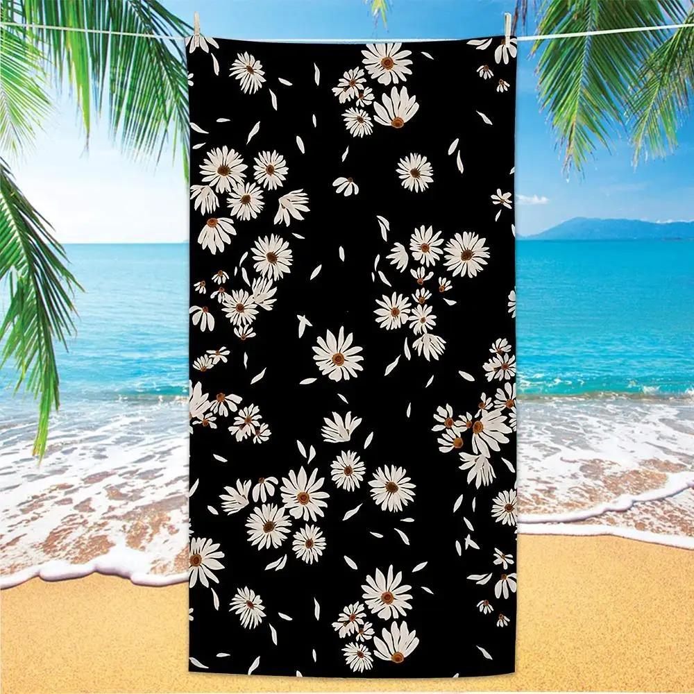 Black Background White Daisy Floral Beach Towel, Quick Dry Sand‑Free Microfiber Towel For Summer Beach Pool Travel Camping