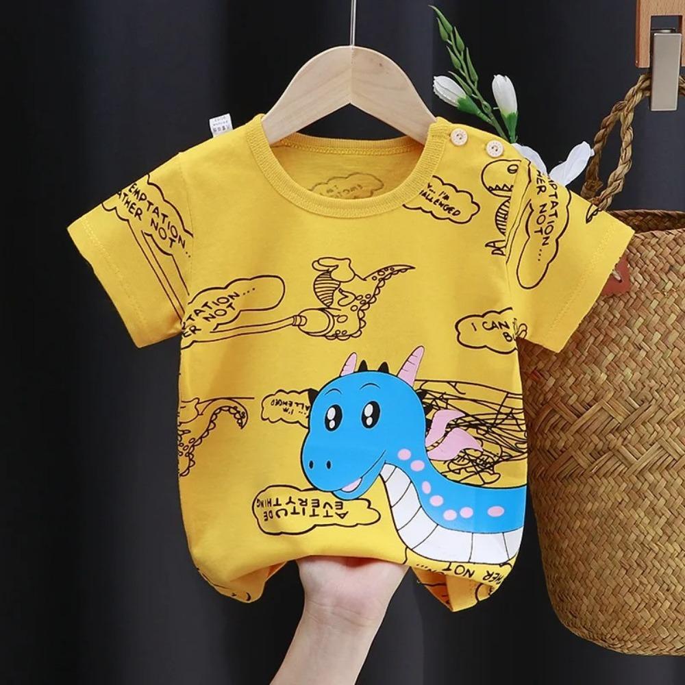 

2026 Baby Boys Girls Cotton T-shirts 0-4Y Cute Cartoon Print Toddler Short Sleeve Tees Soft Breathable Kids Summer Striped Tops 110