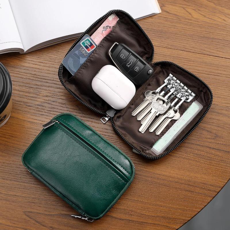Minimalist Leather Key Organizer Pouch with Multiple Compartments Zipper Closure Slim Key Holder for Business Travel Gift