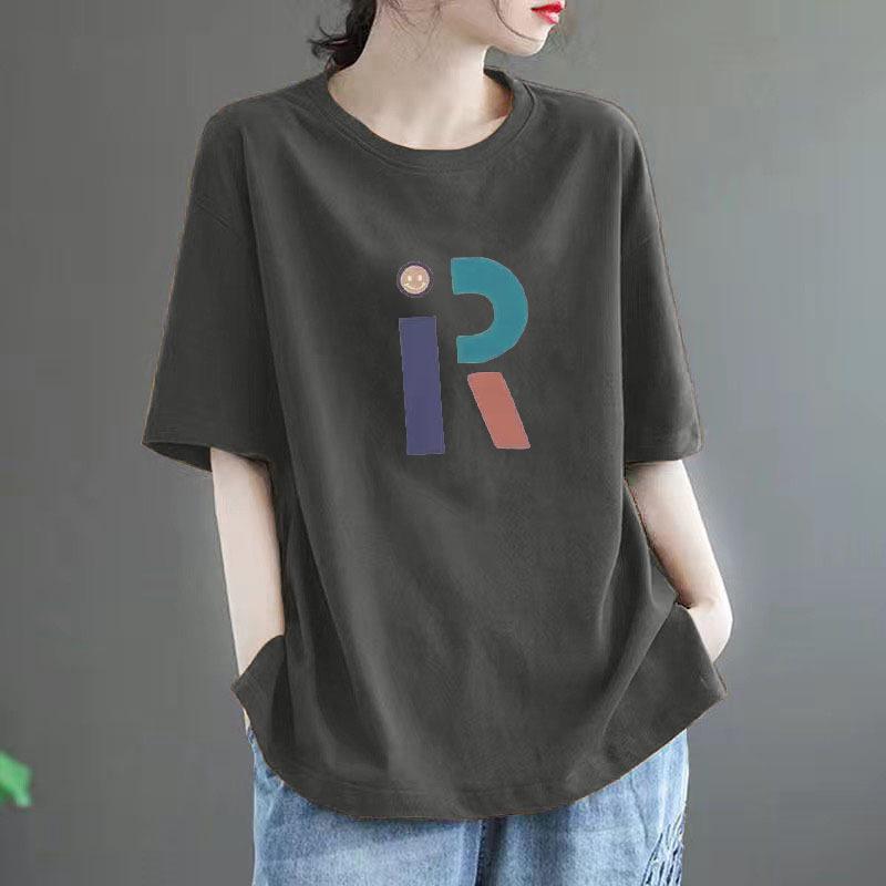 Women's High-End Pure Cotton Short-Sleeve T-Shirt, 100% Loose Fit, Slimming Versatile Round Neck Casual Top