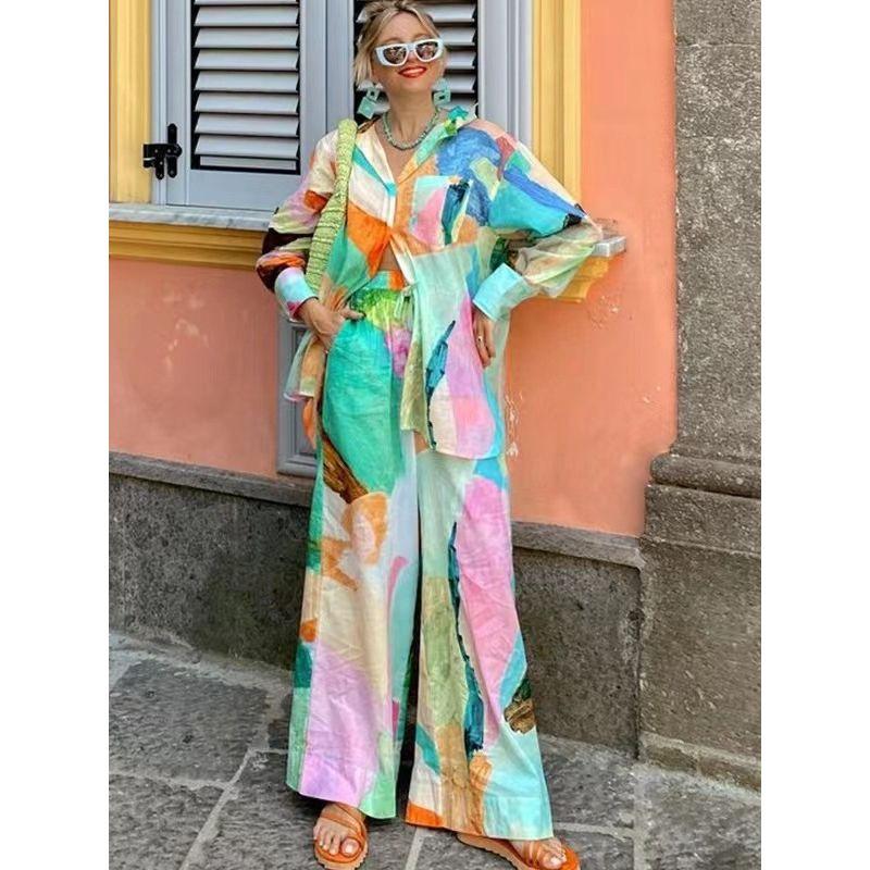 

Fashion Independent Station Printed Loose Long Sleeves Blouse Collar Flower color S