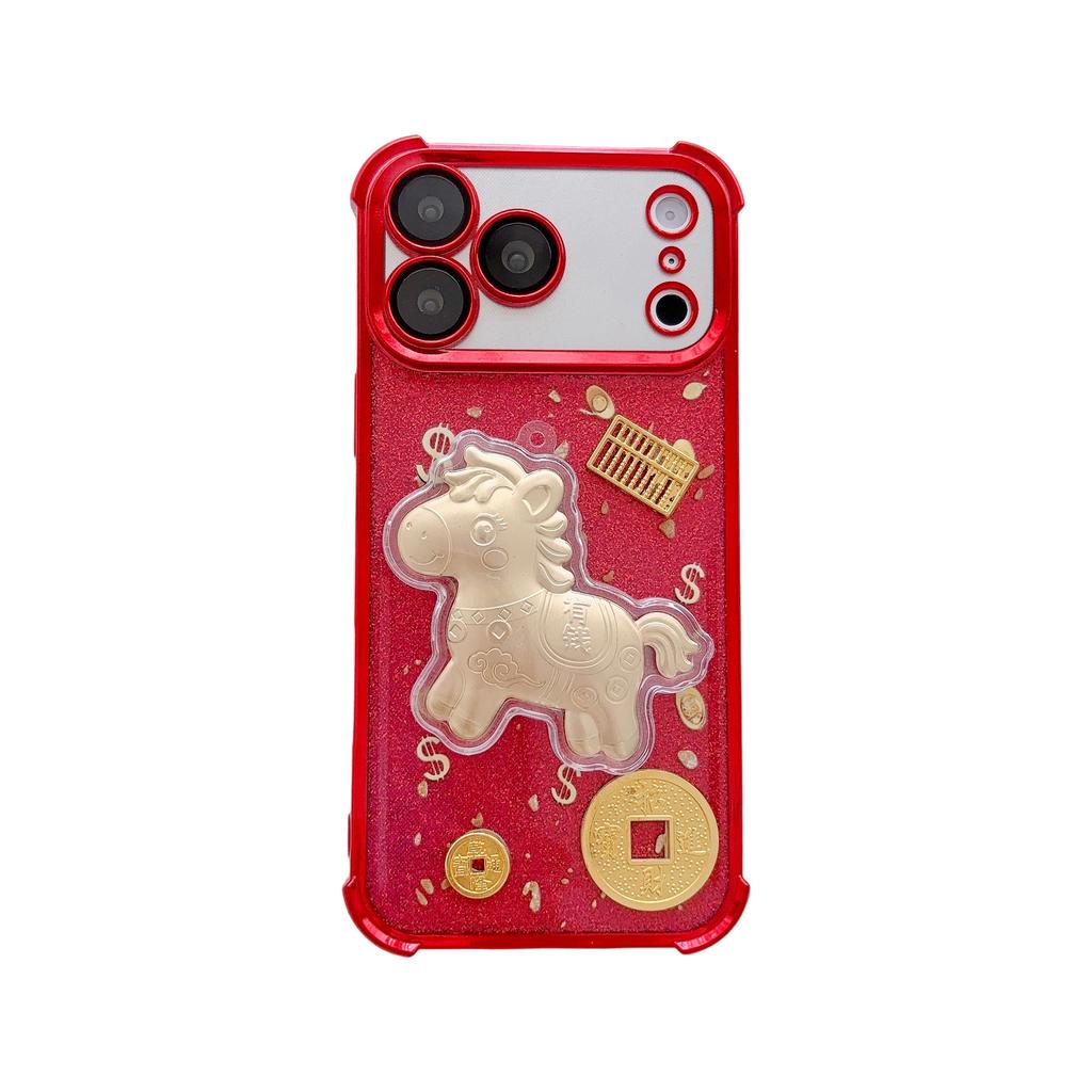 Three-dimensional rich horse lanyard is suitable for Apple iPhone17Promax mobile phone case 16 four corners anti-drop 15 electroplating 14