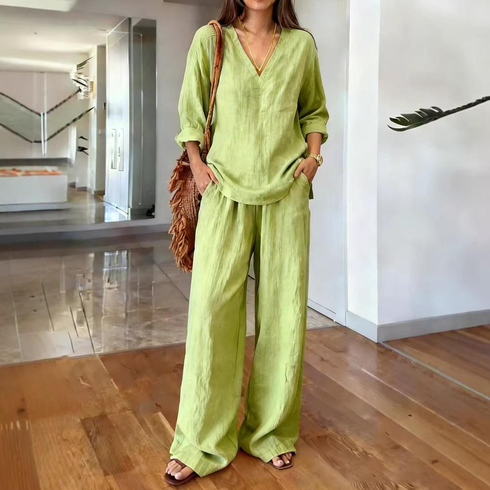 2026 new foreign trade cross-border new women's clothing, casual V-neck pullover, long sleeves and trousers, washed cotton multi-color women's clothin