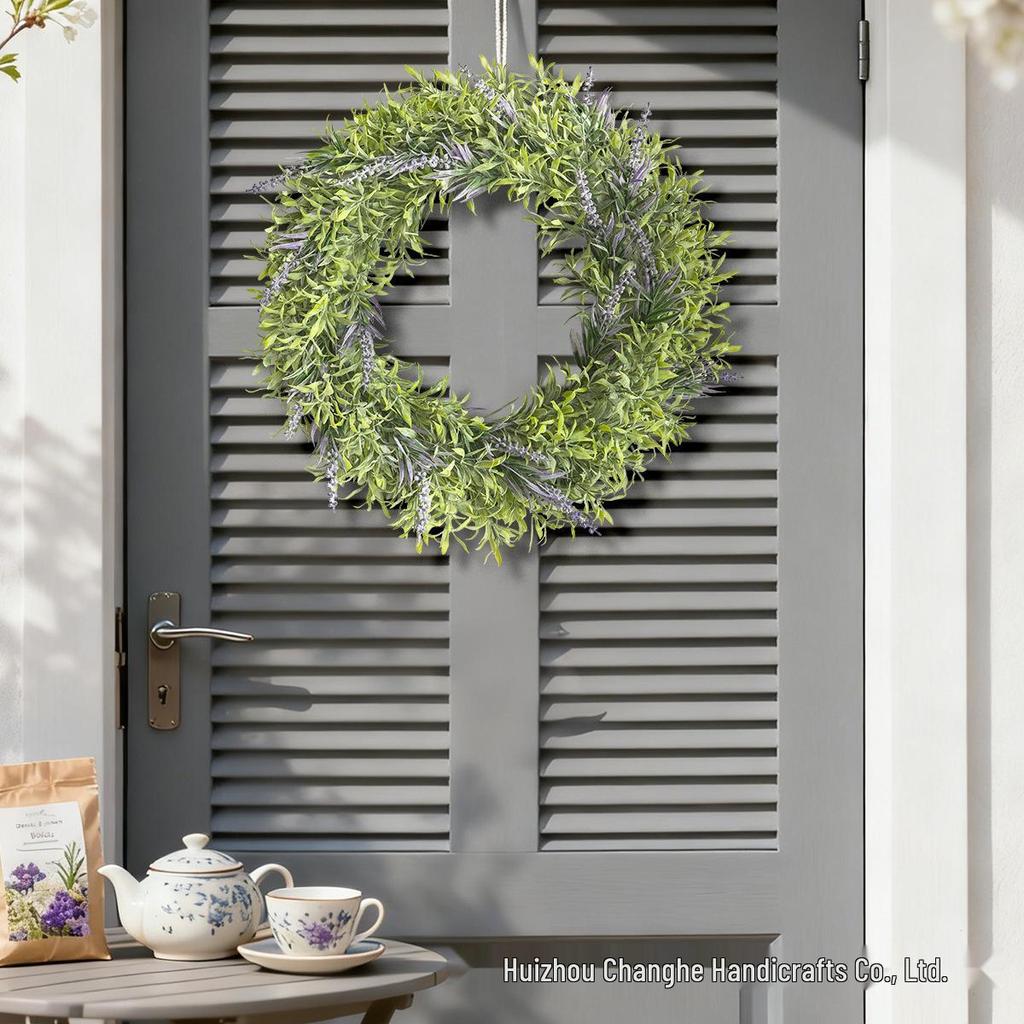 Artificial Lavender and Bamboo Leaf Wreath with Pink Flowers for Home Decoration