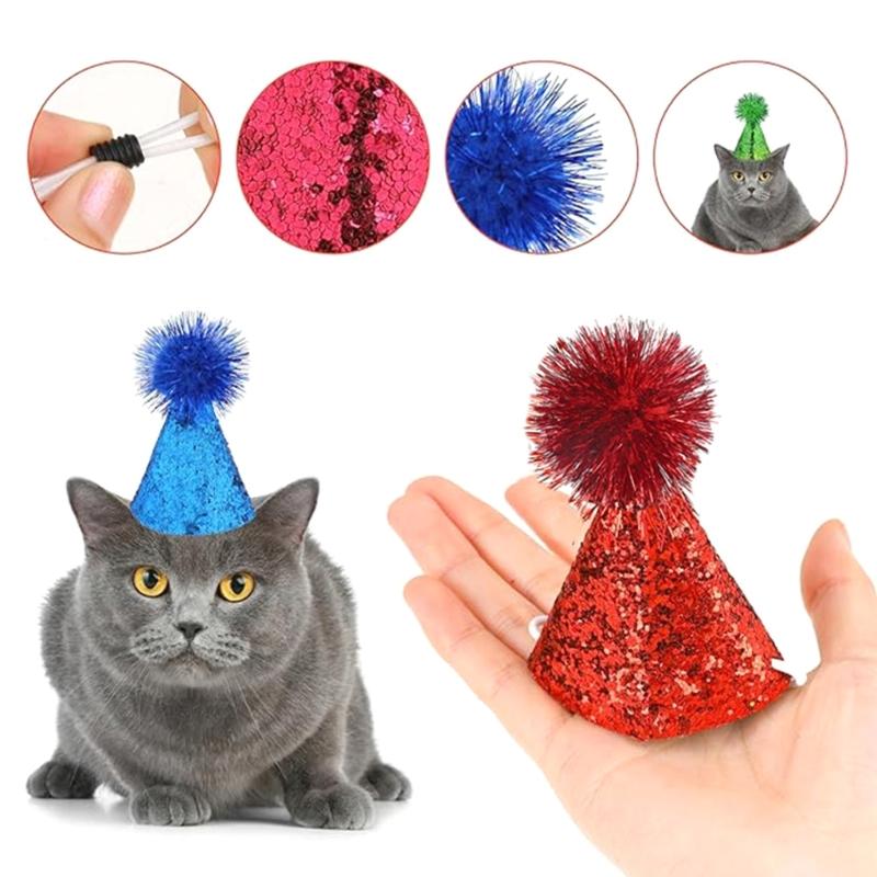 J0MC 6pcs Glittering Powder Pet Party Hat With Adjustable Rope For Party PhotoShoots Cats Dog Festival Costume Accessory