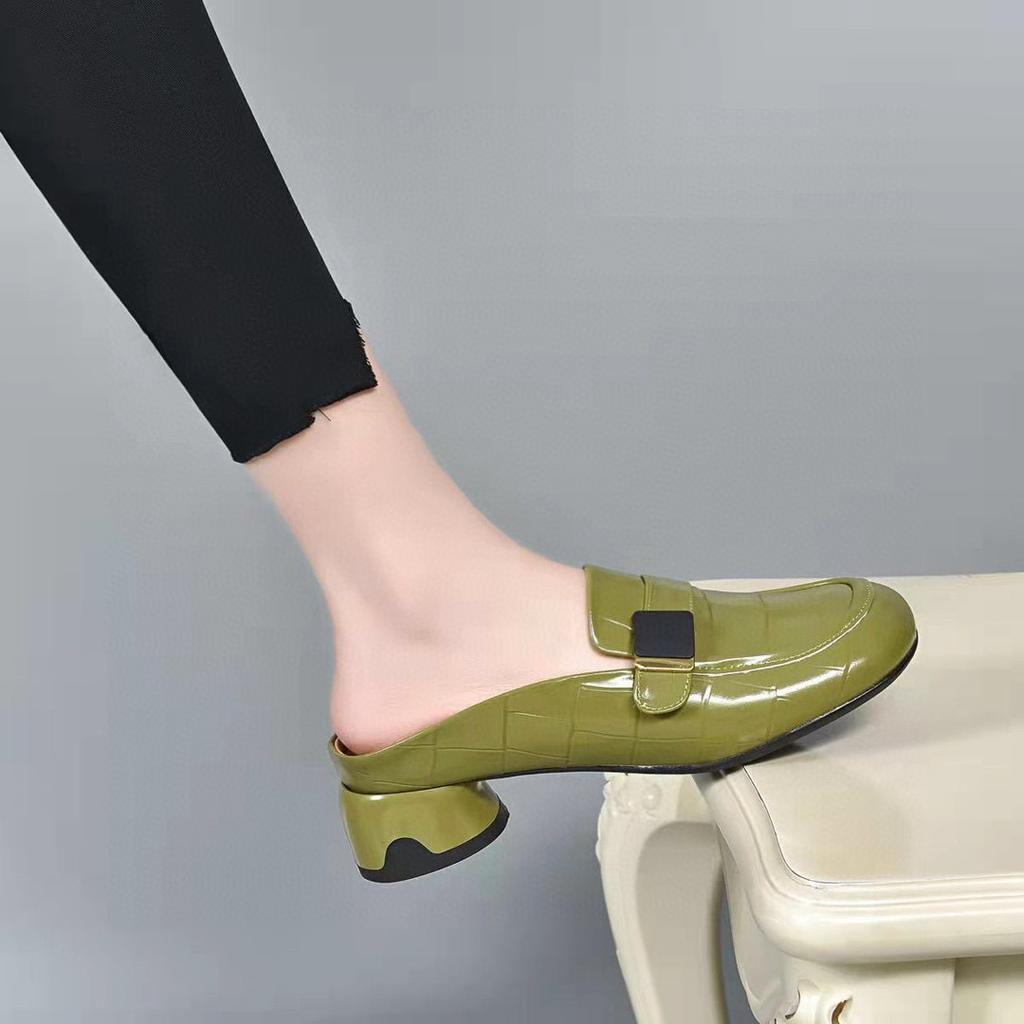 Baotou Outer Slippers Spring and Round Head Low Heel Cool Slippers Embossed Cow Patent Leather Square Buckle