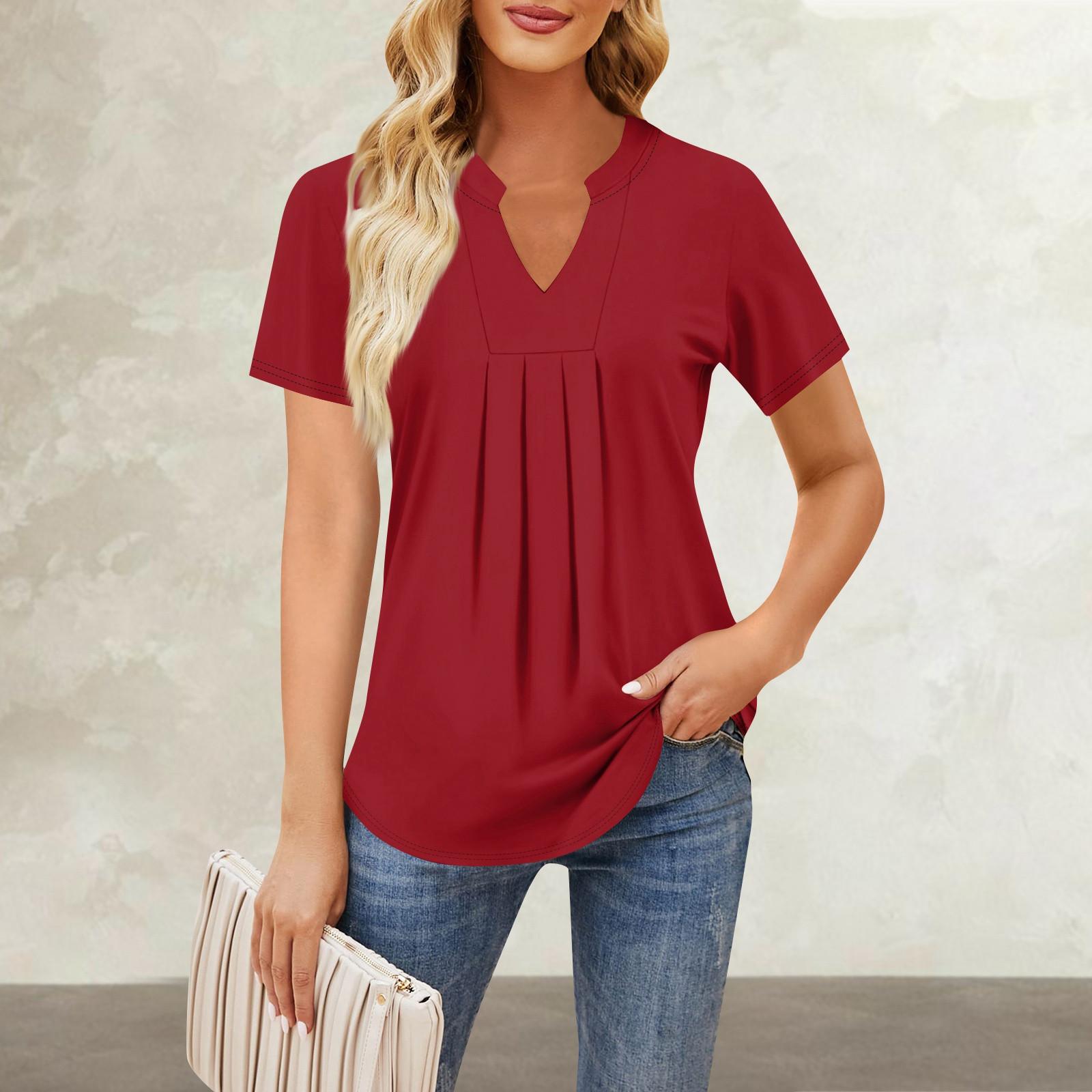 

Женская повседневная свободная футболка с коротким рукавом и v-образным вырезом на груди, плиссированная свободная футболка с принтом, топ XL красный