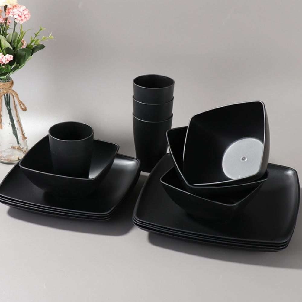 16 stk/sett Gjenbrukbart plastmiddagsservise Sett Firkantet middagstallerkensett Servisesett Fest