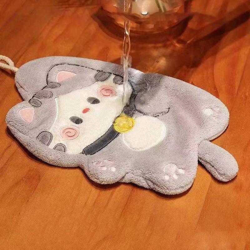 Cute Cat Hand Towels Quick Drying Kitchen Cleaning Rag Coral Velvet Cartoon Animal Absorbent Hanging Bathroom Towel Supplies