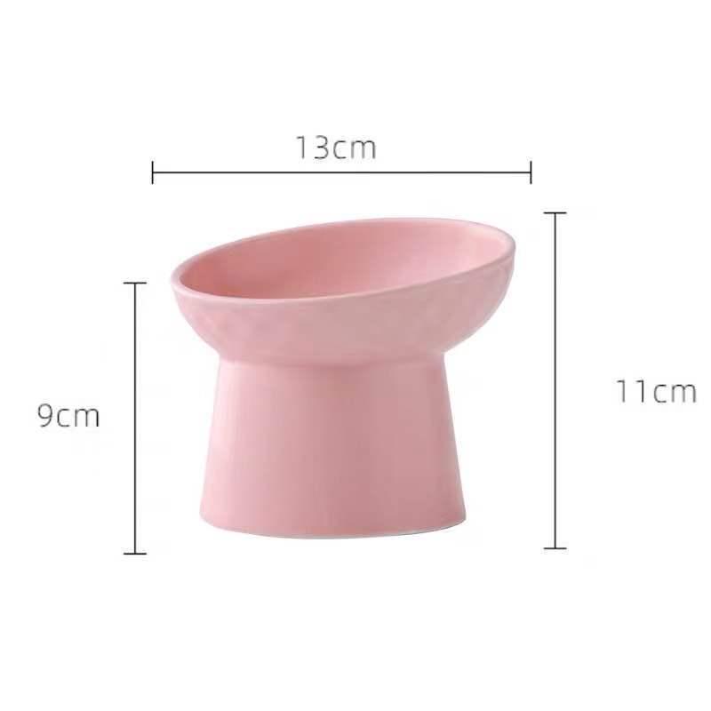 Ceramic Slanted Cat Bowl, High-Sided for Cervical Spine Protection, One-Piece Design.