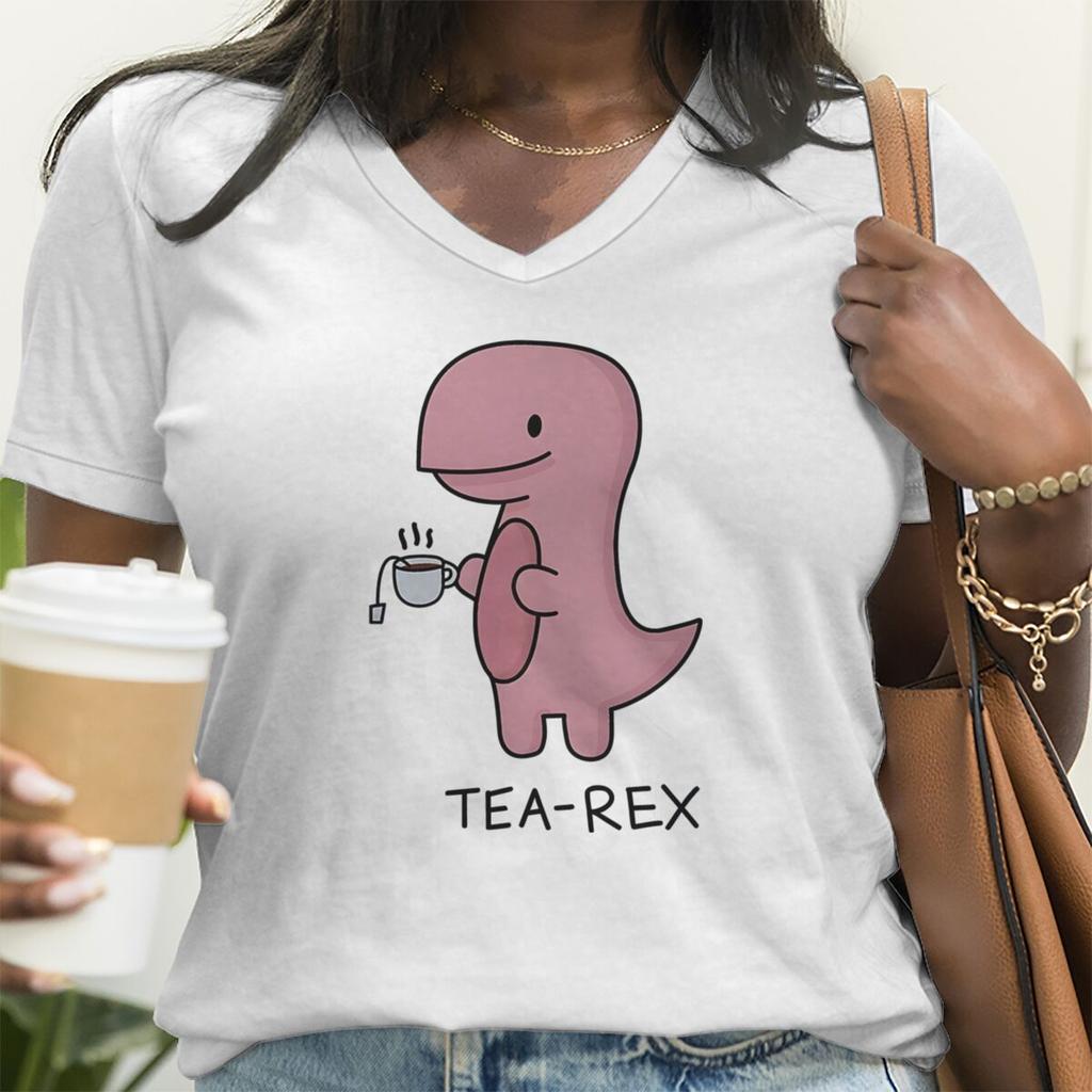 Lady T-Shirt Cute Pink Tea-Rex Print T Shirts Female Short Sleeve V-neck Shirt Harajuku Kawaii Animal Women Clothes
