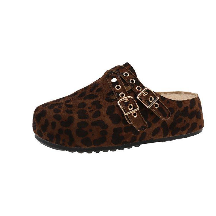 Leopard print inner heightening platform Boken shoes women wear autumn and winter velvet lazy retro ugly cute big head bag head half slippers