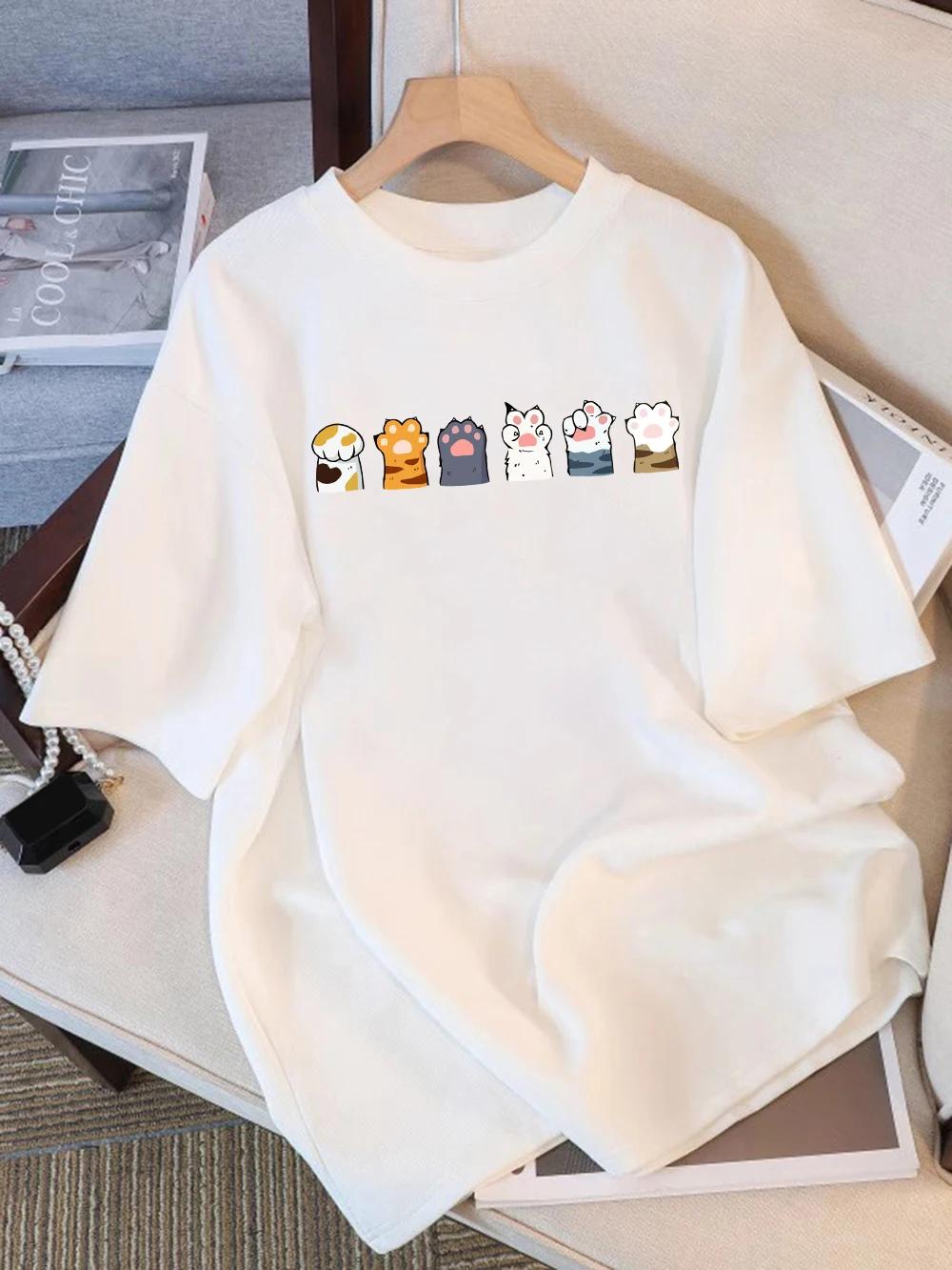 

Different Color Cat Paw Combinations Prints Summer T-Shirts Womens Short Sleeve Tees Soft O-Neck Tops Basic Clothes S