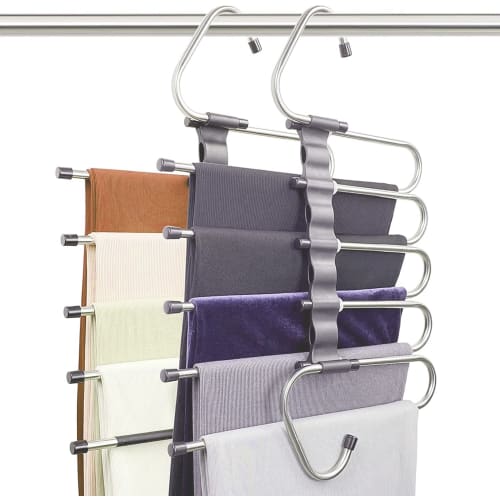 DKPlus Trouser Hangers, Set of 2, Multi-functional 5-Tier Wrinkle-Resistant, Non-Staining Trouser Hangers for Closet Storage, Space-Saving (Black, 4 P