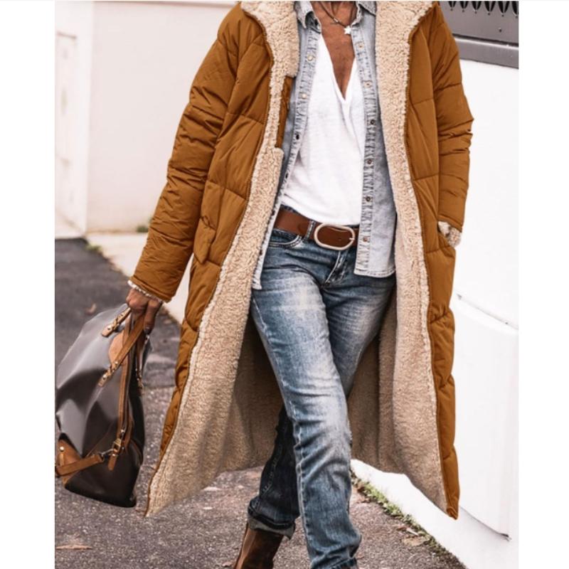 Plus Size Reversible Fuzzy Longline Hooded Winter Coat for Women, Casual Fall & Winter Outerwear