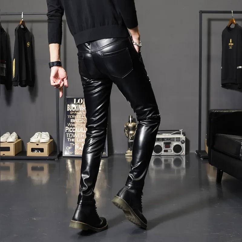 Autumn Spring Mens Skinny Biker Leather Pants Fashion Faux Leather Motorcycle Trousers for Male Trouser Stage Club Wear