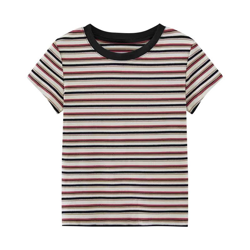 American retro chic striped T-shirt women's summer contrasting colors spring and autumn inner fit slim bottom top front shoulder short sleeves