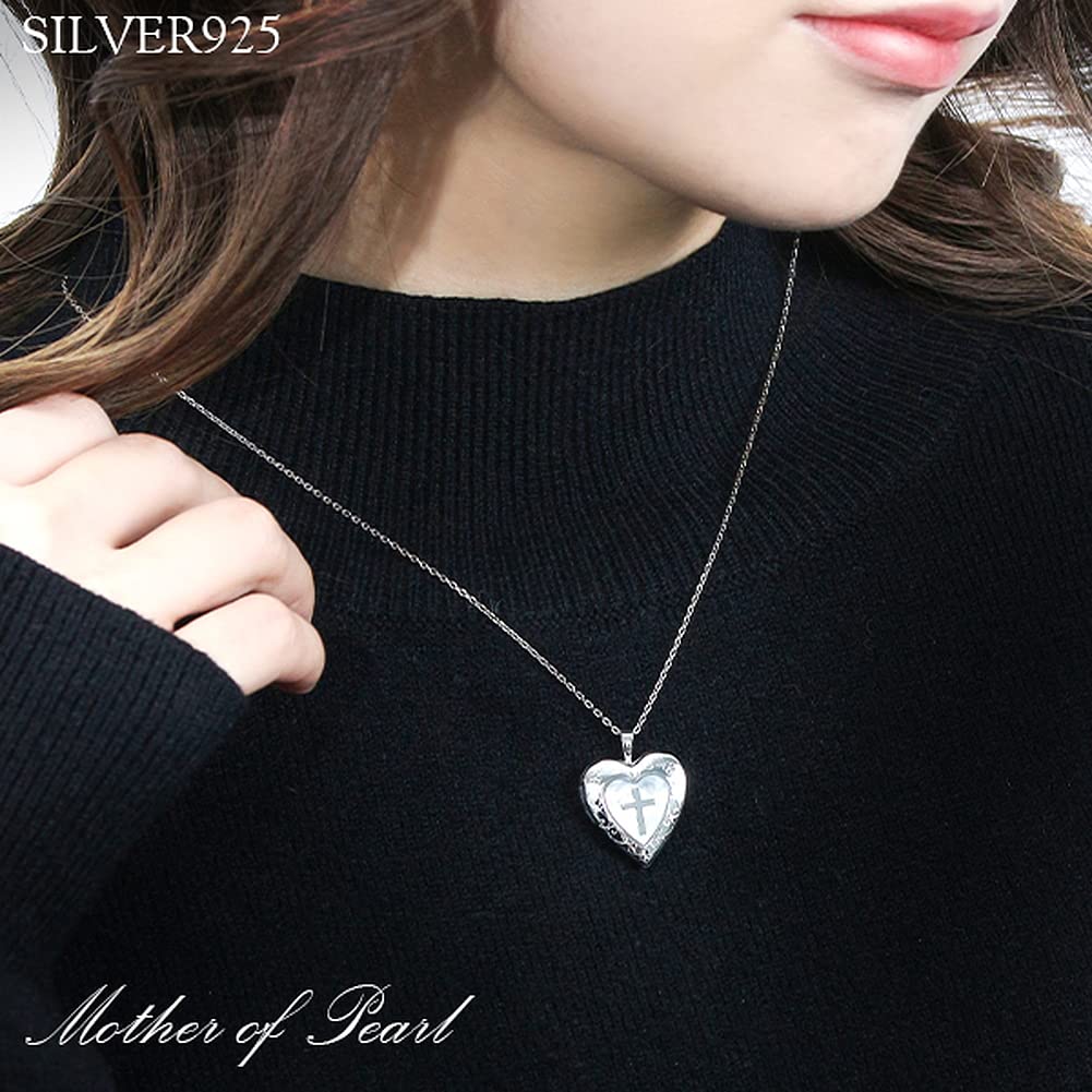 Gin No Cross Silver 925 Locket Necklace No Photo Holder Sv925 Cross [Shinjuku Kura] Heart-shaped Mother-of-Pearl (No Chain, Engraving) Women's