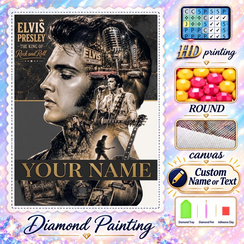Elvis Presley 5D DIY Diamond Painting Custom Name Text, Full Drill Rhinestone Mosaic Art Home Gift